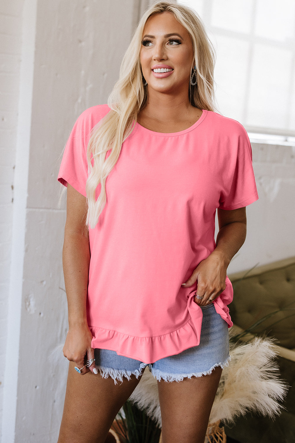 Pink Frilled Hem Loose Top
