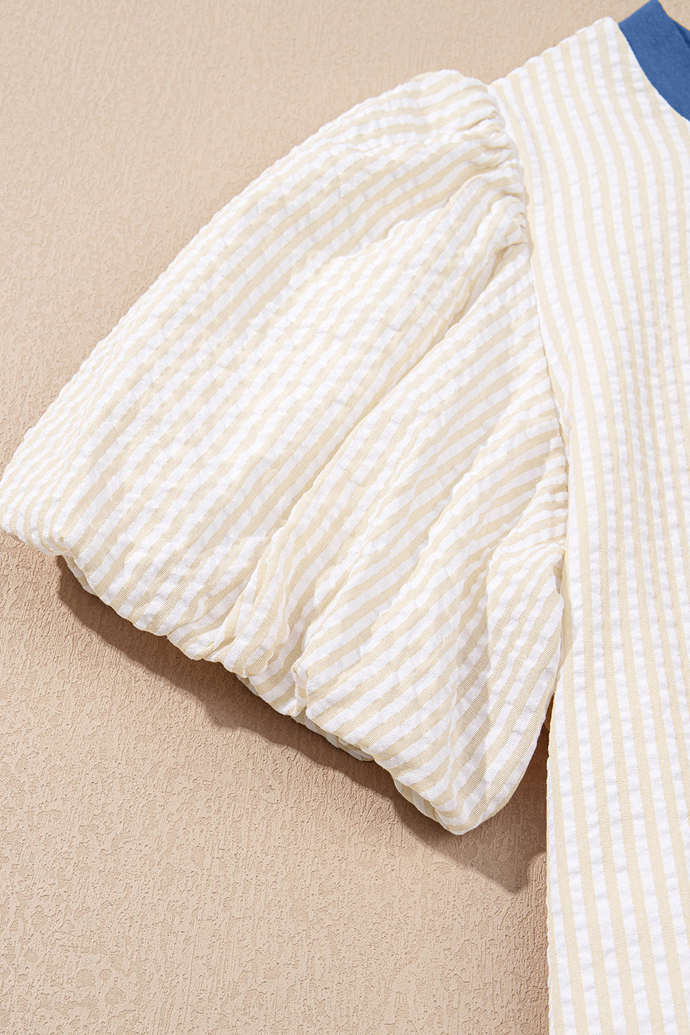 Beige Stripe Seersucker Contrast Round Neck Puff Sleeve Dress