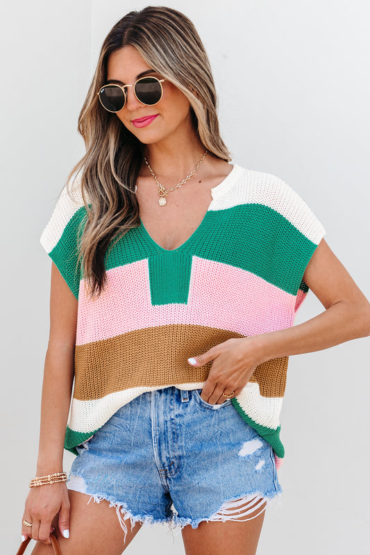 Multicolor Color Block Notch V Neck Sweater