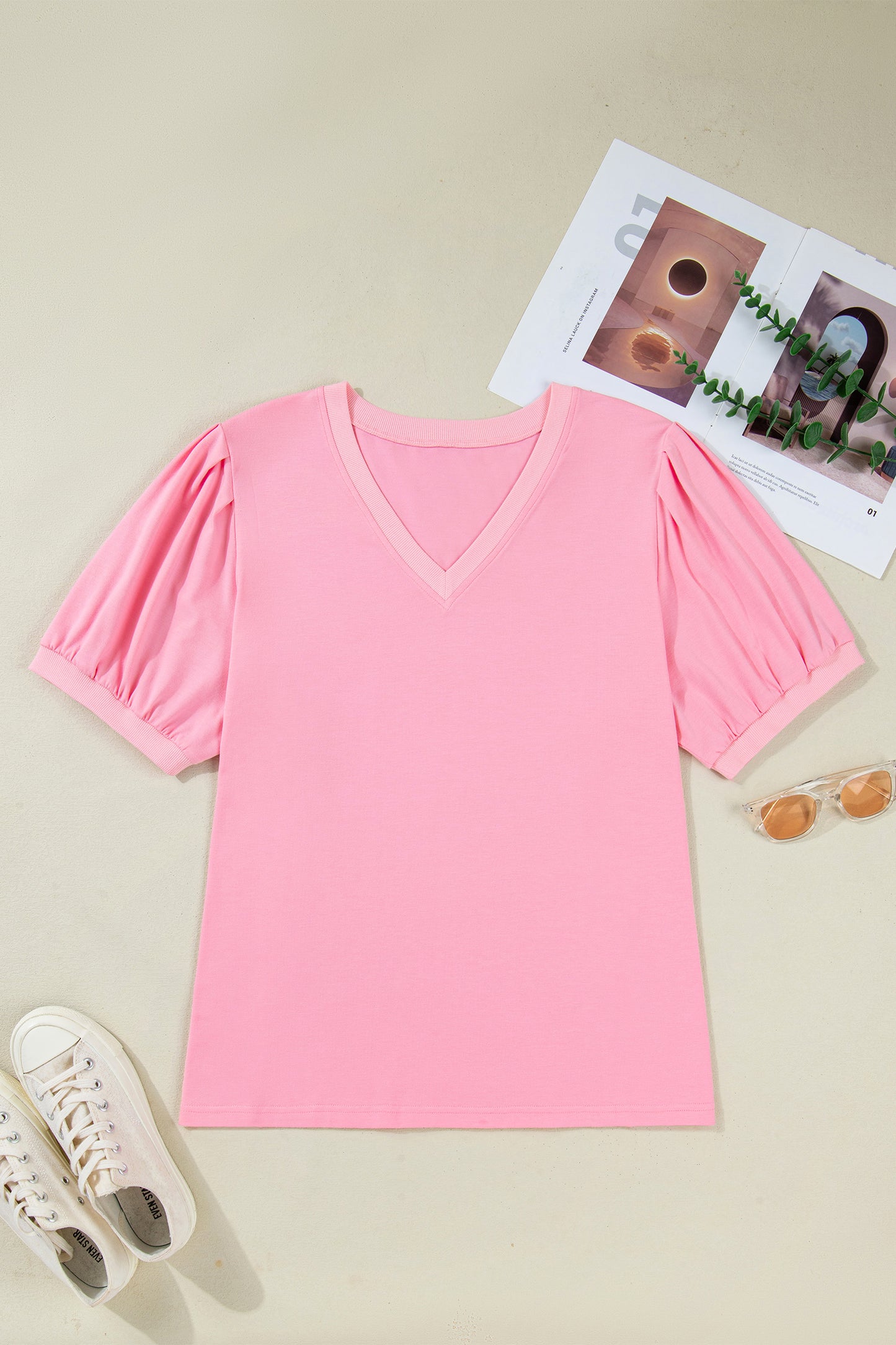 Lavendar Lane plus size V neck pleated puff sleeve blouse with short sleeves and flattering fit, stylish for casual or work wear.