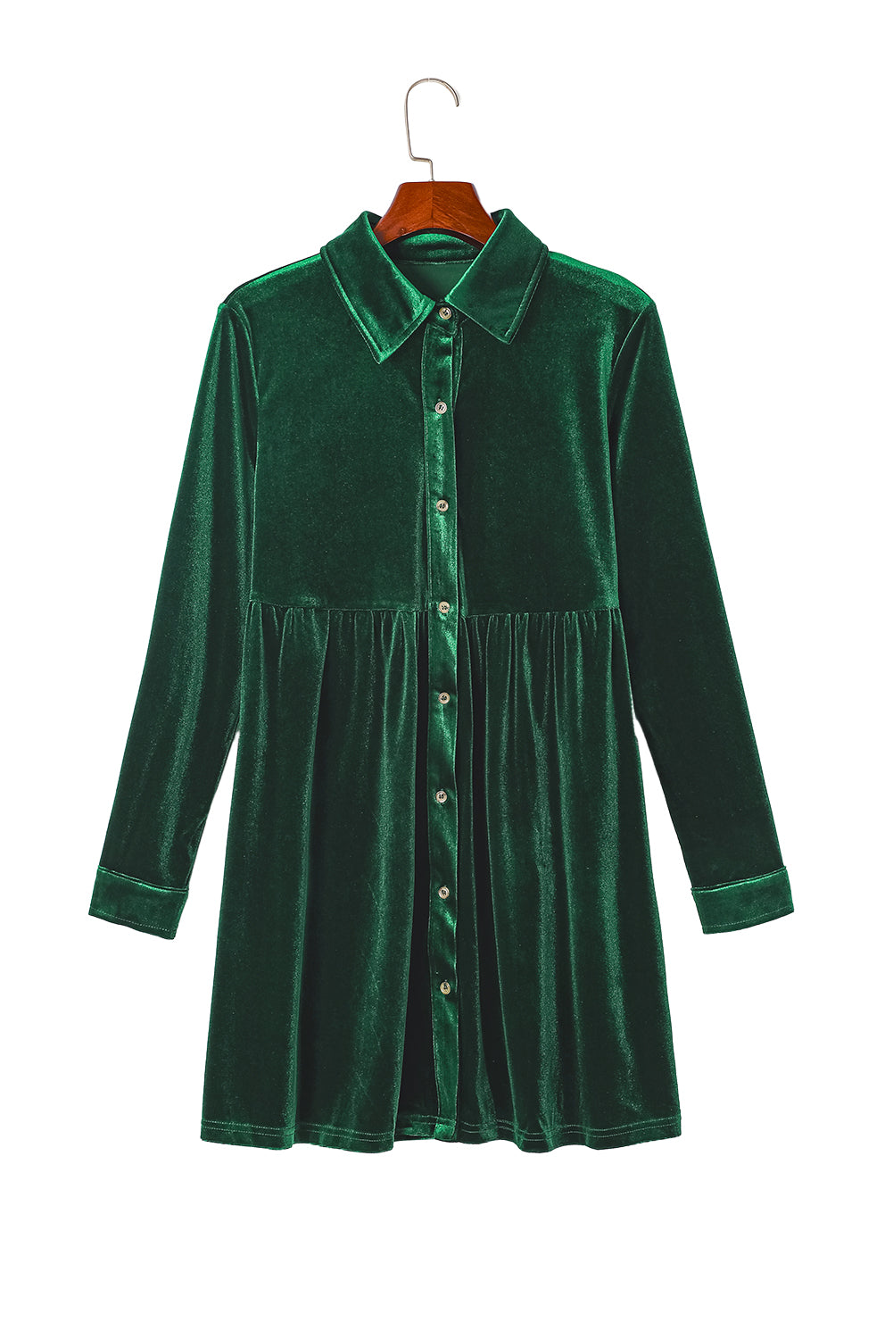 Green Long Sleeve Ruffle Velvet Button Up Dress