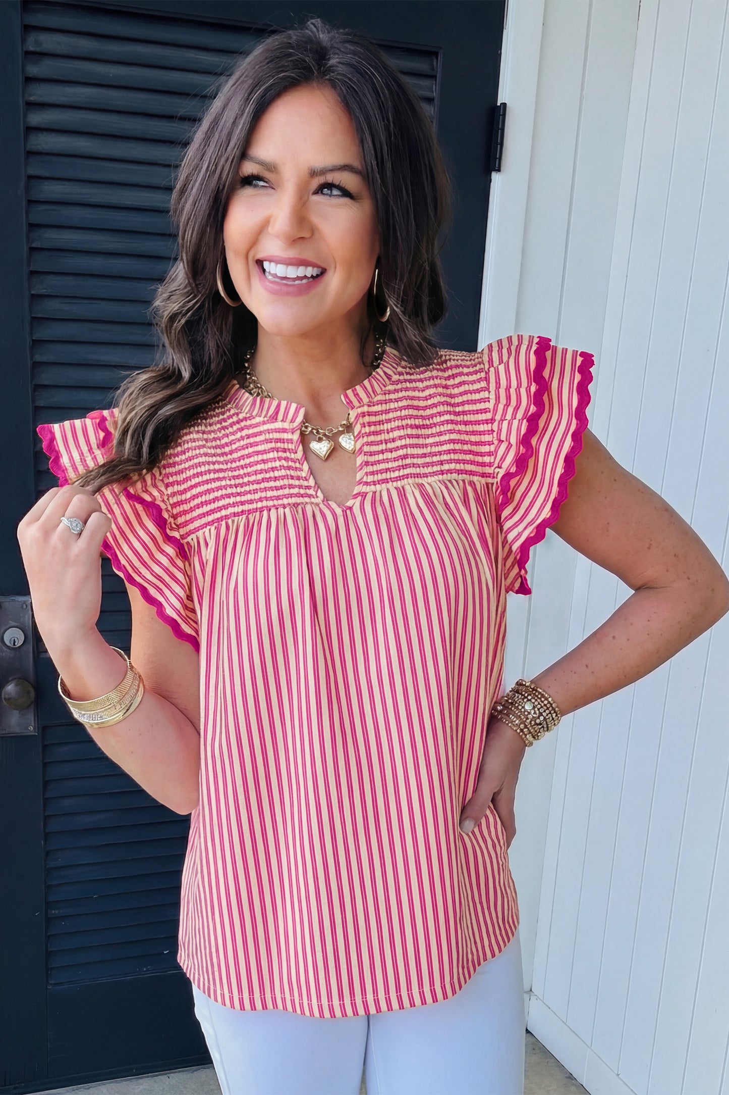 Lavendar Lane Clothing rose stripe shirred yoke ruffled short sleeve blouse, featuring feminine design and floral pattern.