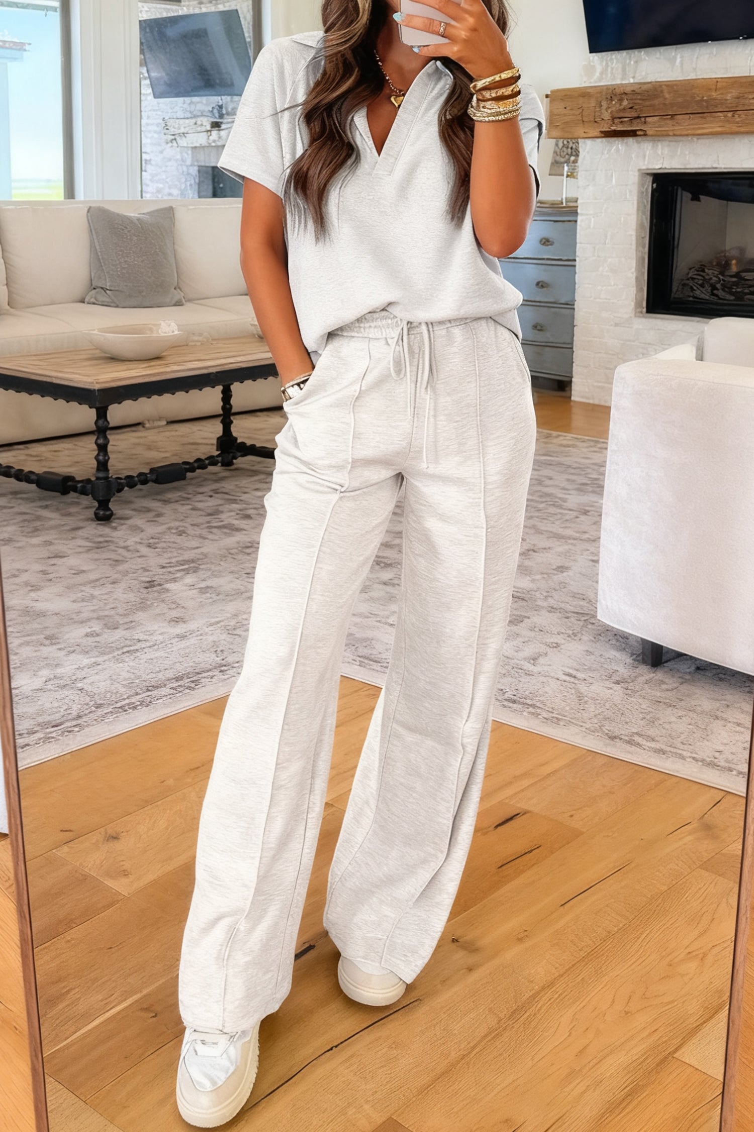 Light grey polo tee and casual pant set by Lavendar Lane Clothing, two-piece outfit for comfortable everyday wear.