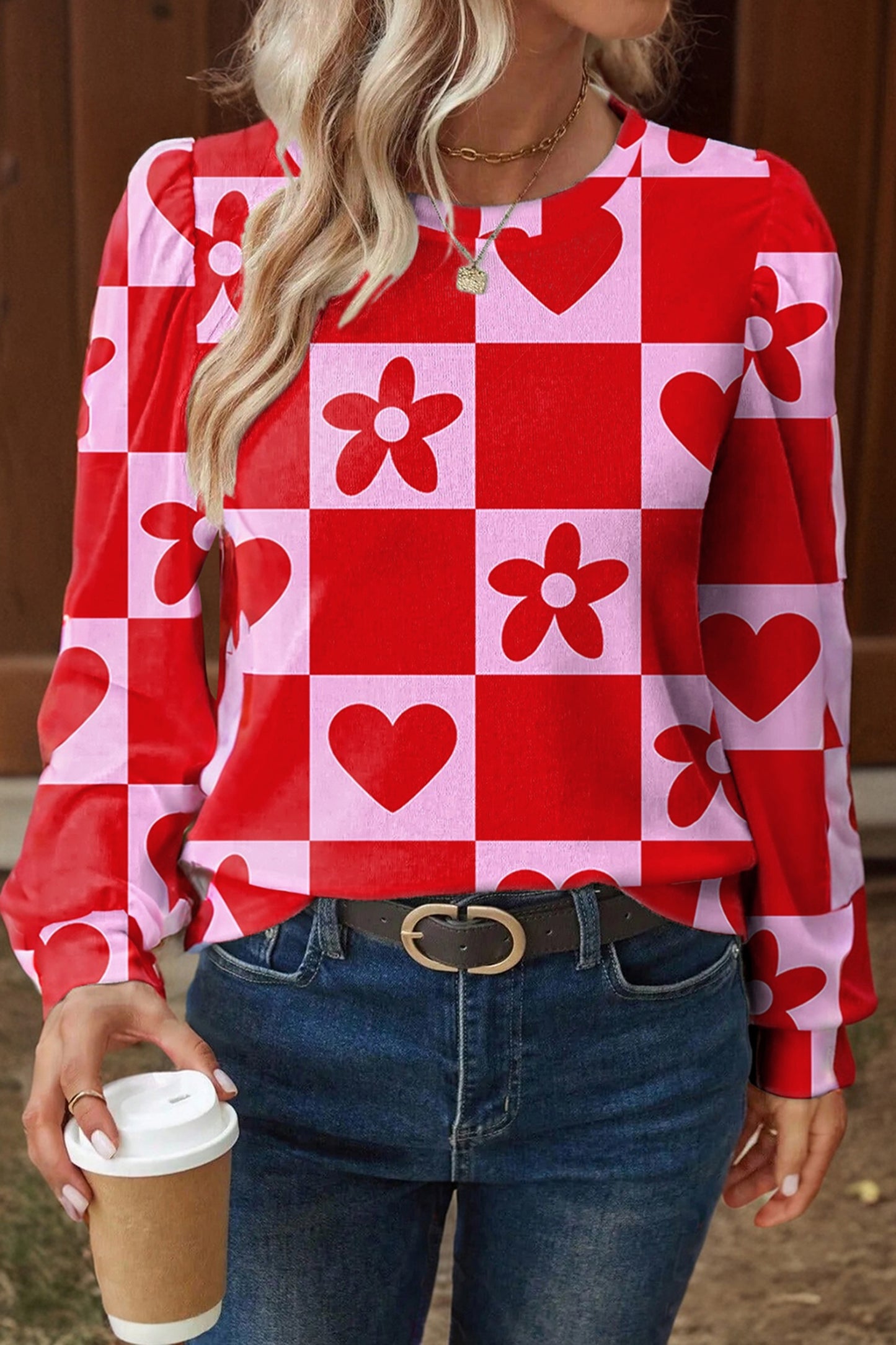 Lavender Lane Clothing red dotted heart festive Valentine blouse, stylish top with romantic pattern and vibrant design.