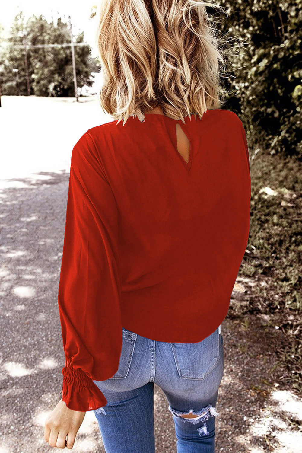 Red Crew Neck Ruffle Bubble Sleeve Top