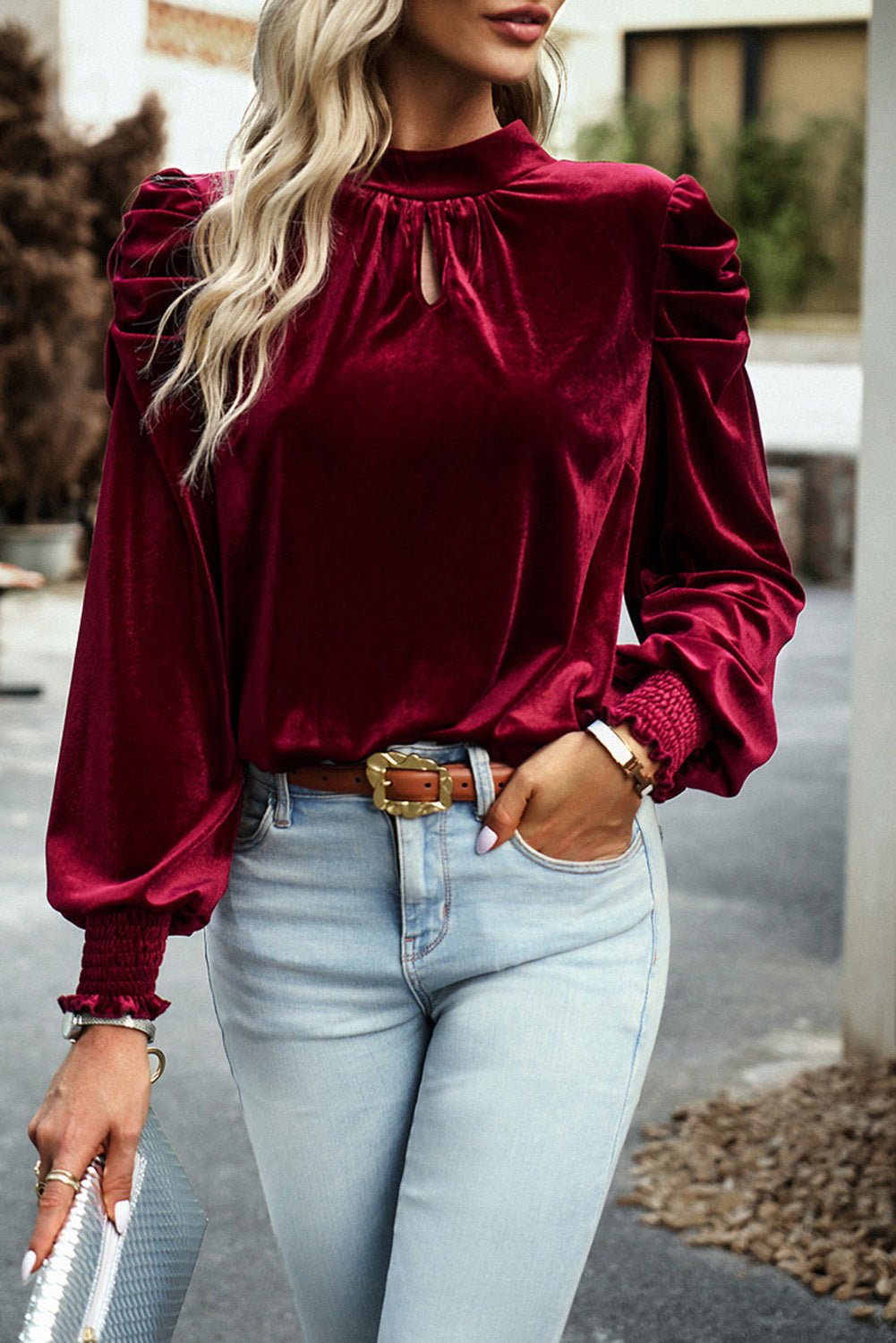 Fiery Red Mock Neck Puff Sleeve Velvet Blouse