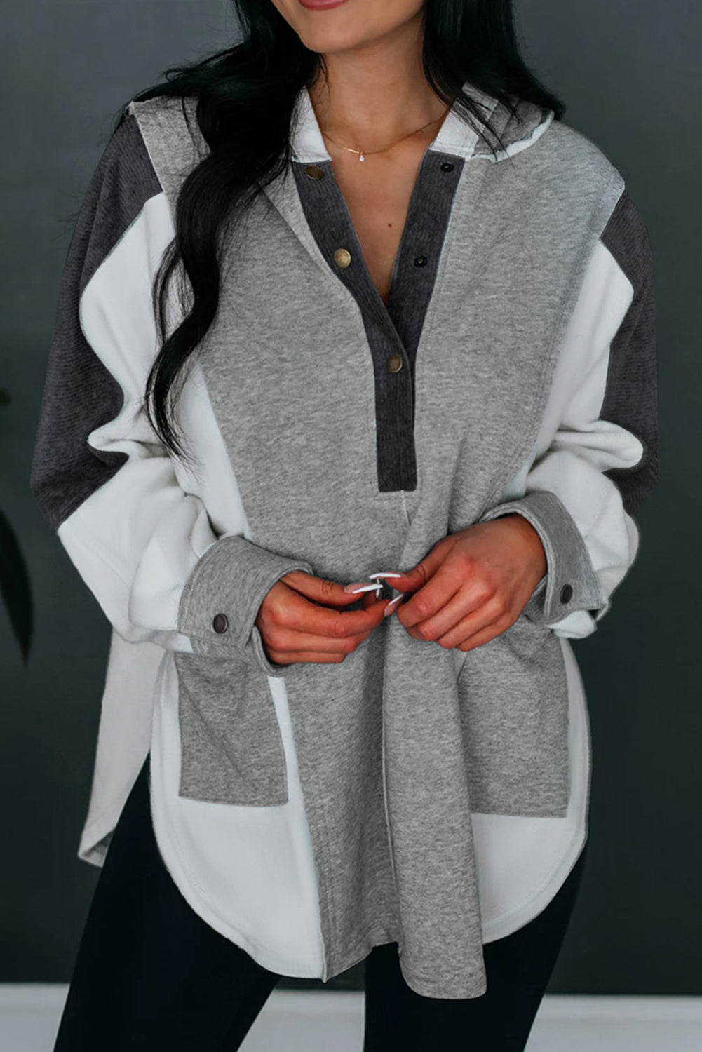 Gray Color Block Exposed Seam Buttoned Neckline Hoodie