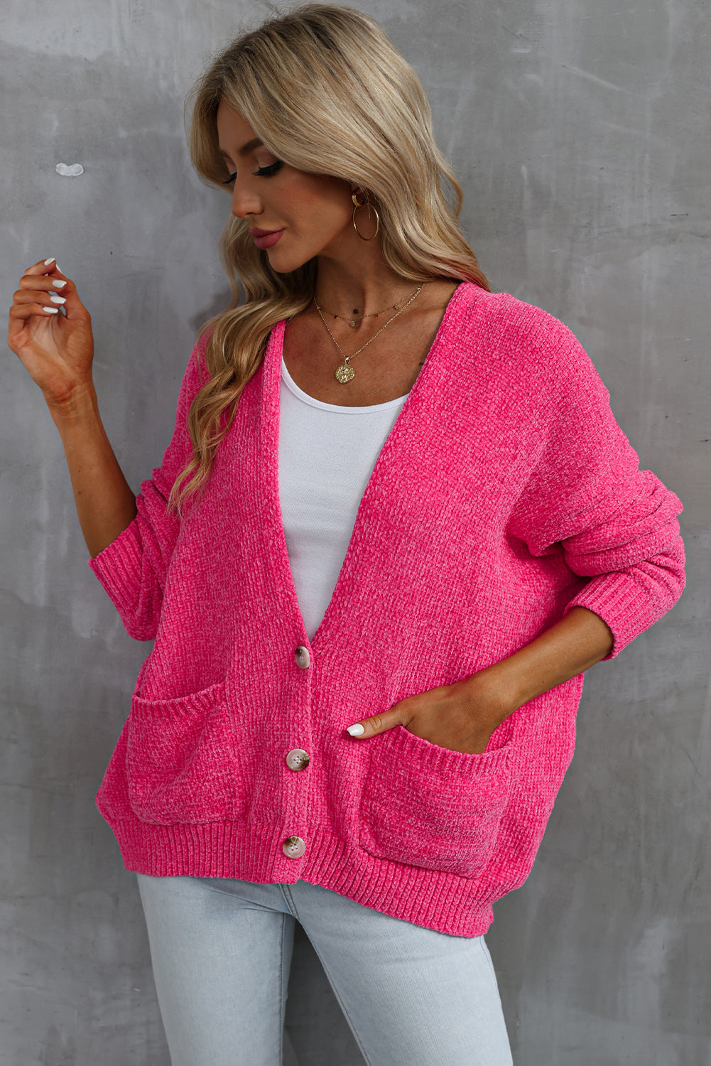 Rose Buttons Front Pocketed Sweater Cardigan