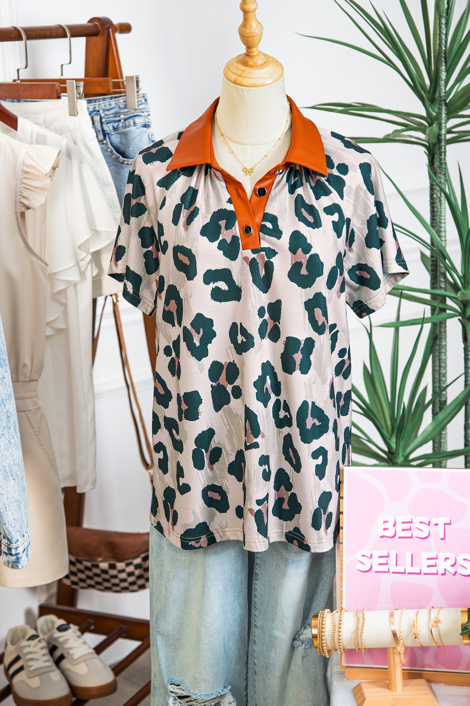 Lavendar Lane leopard print short sleeve blouse with contrast collar, casual and unique design, perfect for stylish everyday wear.