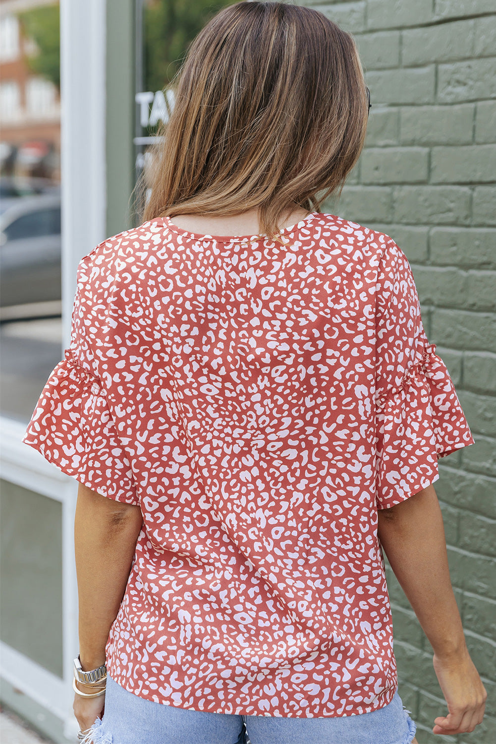 Pink Leopard Spotted Ruffle Sleeve Blouse