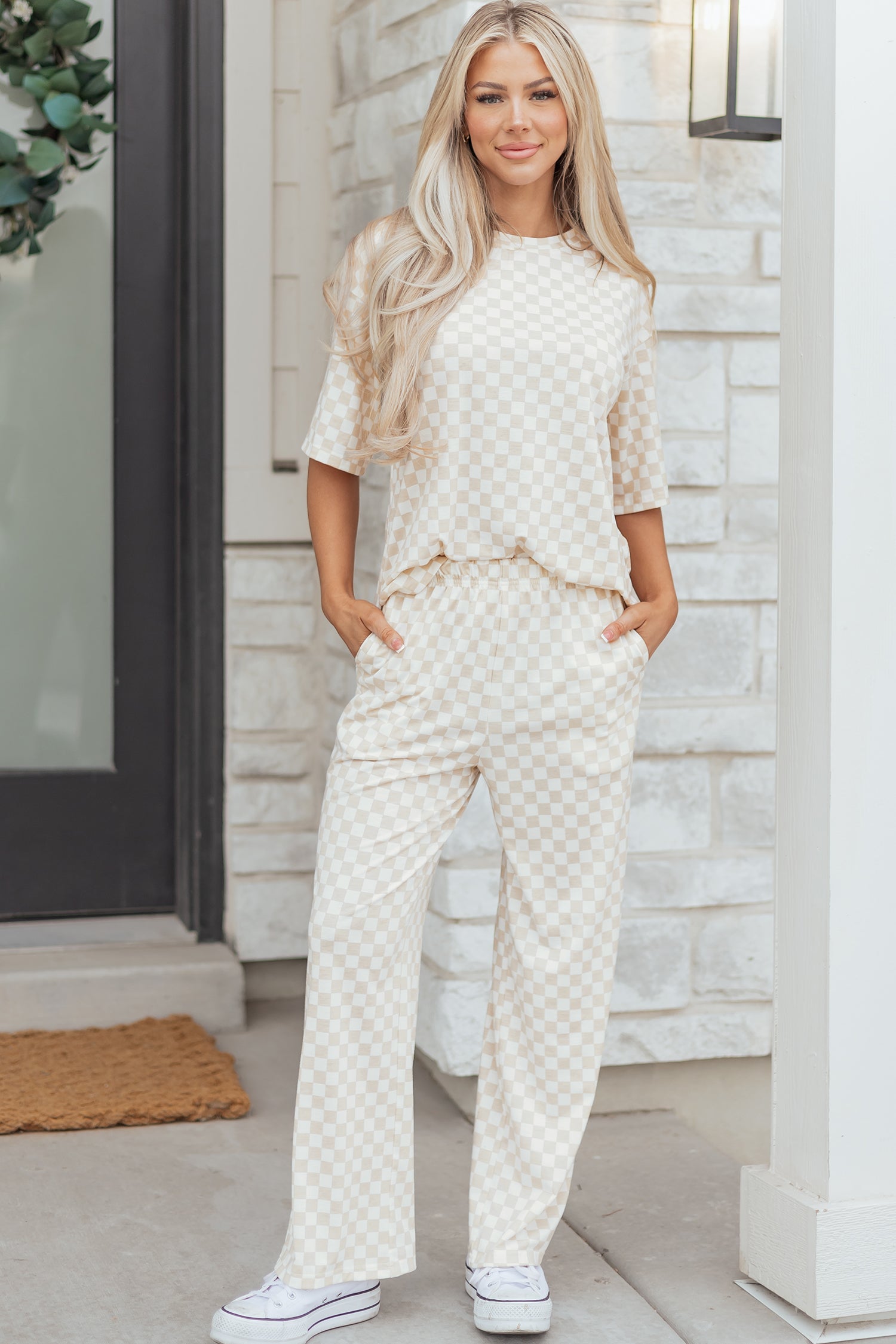 Lavender Lane Clothing khaki checkered print half sleeve tee and lounge pants set, casual loungewear, comfortable and stylish.