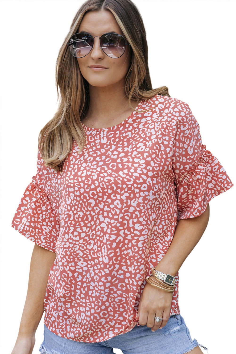 Pink Leopard Spotted Ruffle Sleeve Blouse