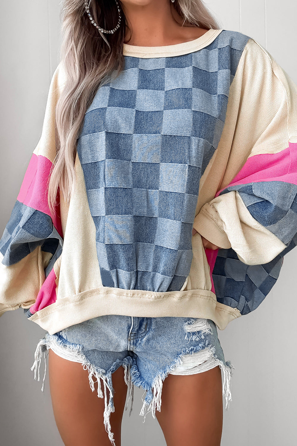 Sky Blue Oversized Checkered Denim Exposed Seam Patchwork Casual Top