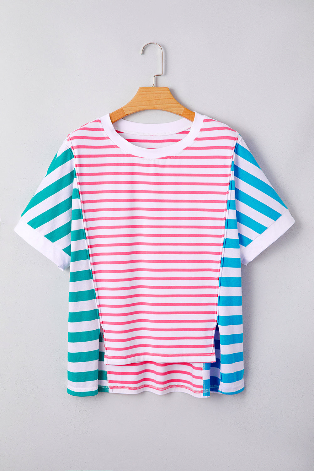 Pink Stripe Mixed Pattern Patchwork Uneven Hem Loose Top