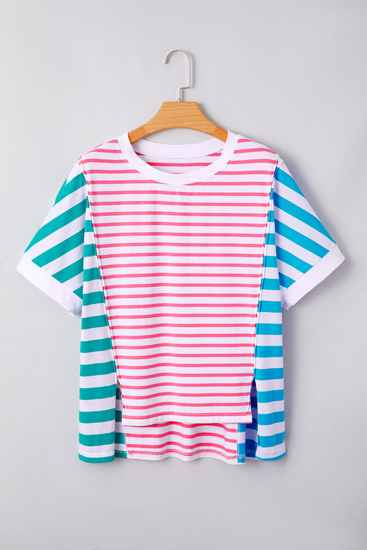 Pink Stripe Mixed Pattern Patchwork Uneven Hem Loose Top