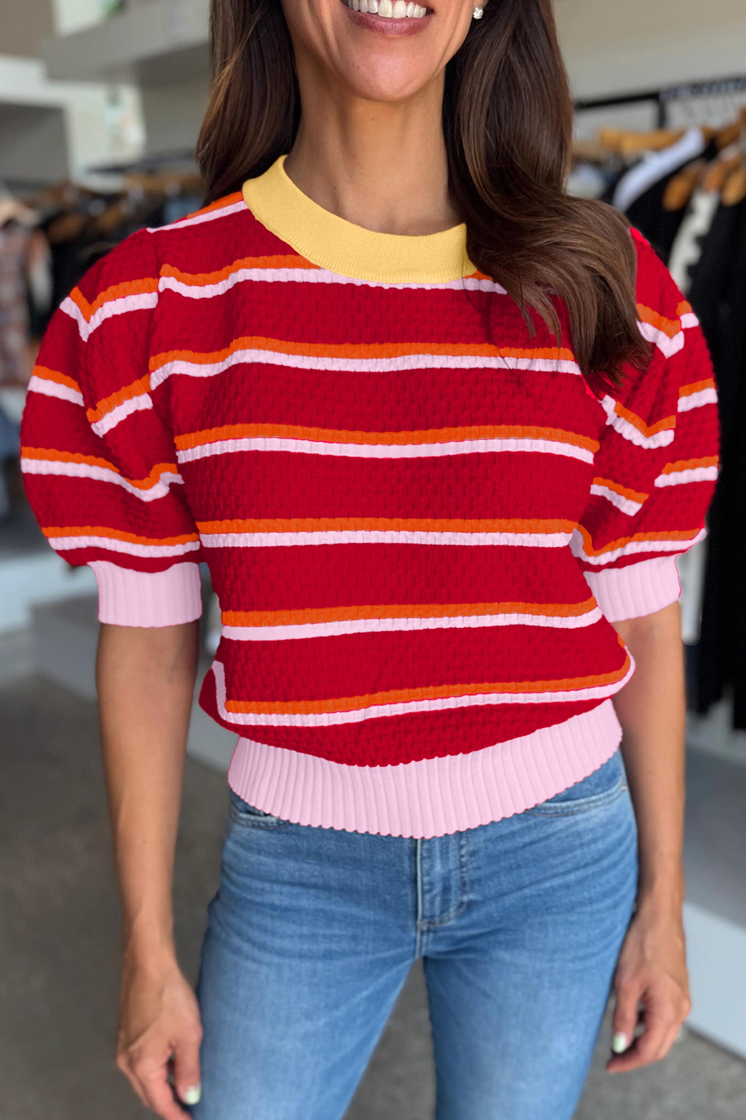 Lavendar Lane Clothing red colorblock trim half-sleeve sweater top with stylish short sleeves and a modern color design.