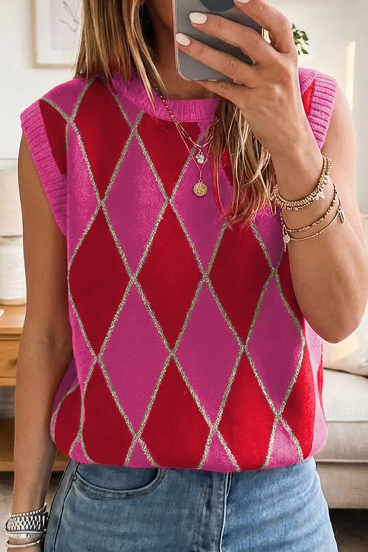 Lavendar Lane Clothing rose glitter trim rhombus pattern knit sweater, stylish sweater vest with sparkle design and geometric pattern.