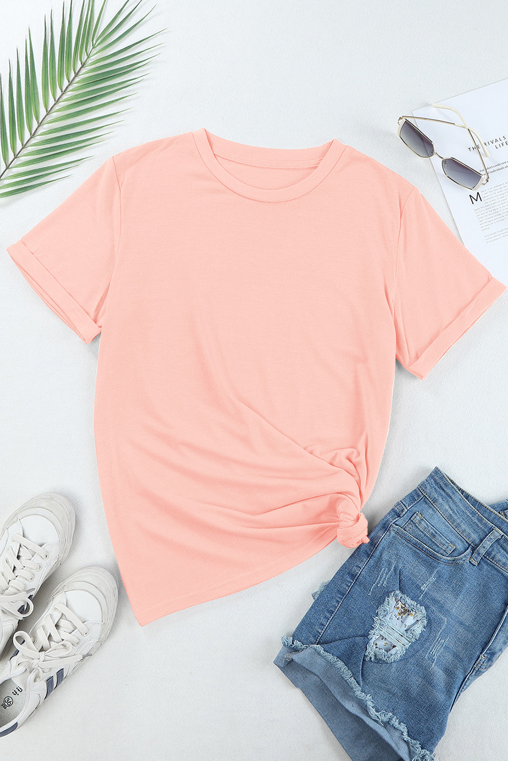 Pink Casual Plain Crew Neck Top