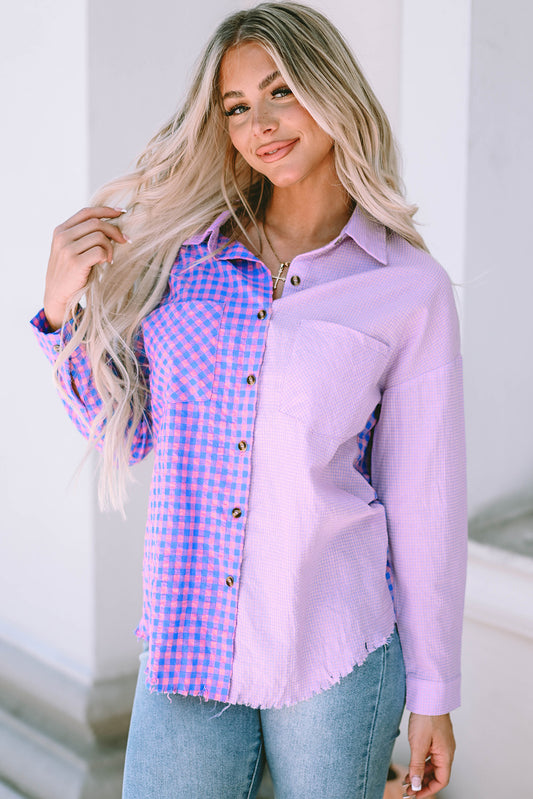 Purple Mixed Plaid Button Down Long Sleeve Chest Pocket Shirt