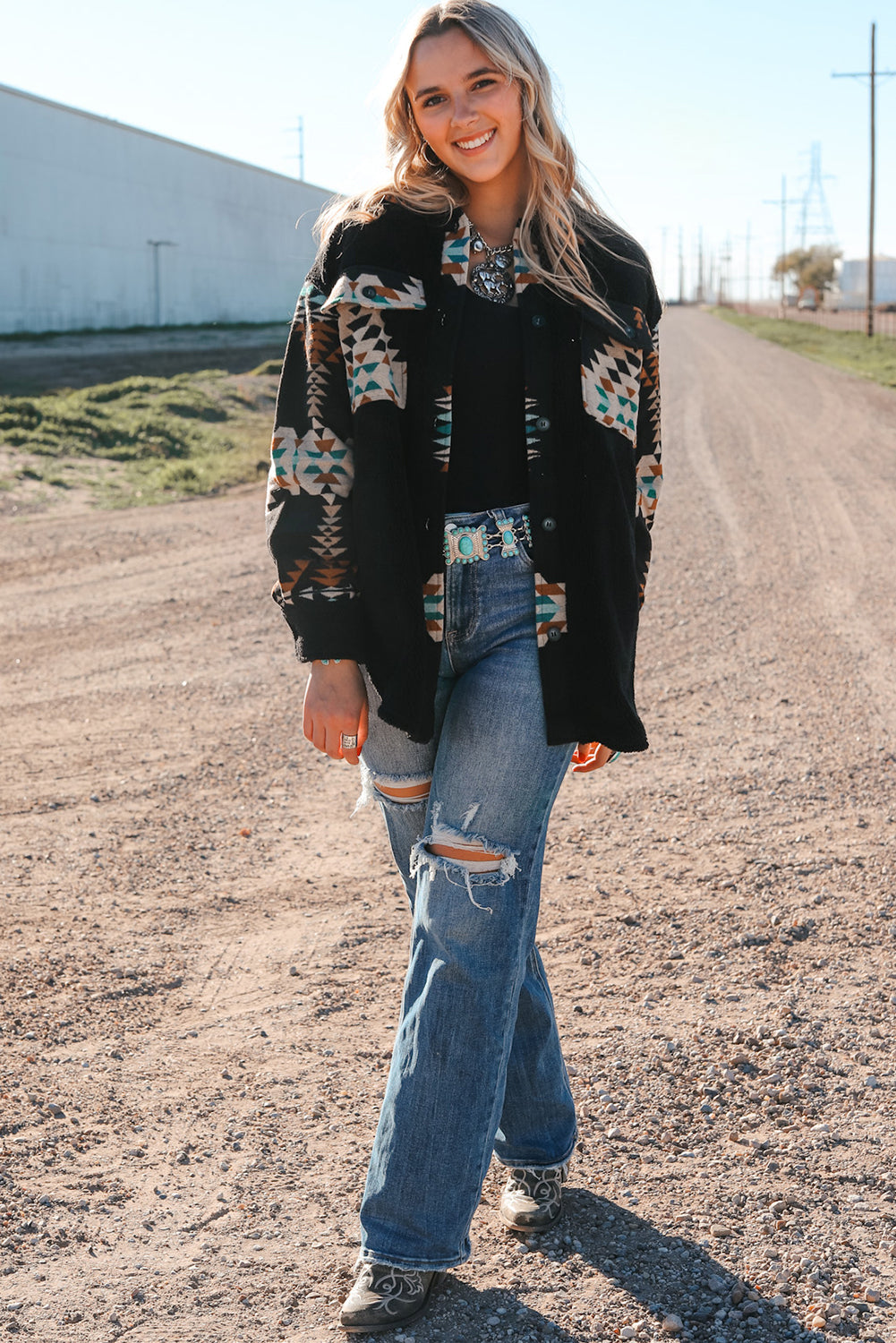 Black Western Aztec Print Accent Fleece Shacket