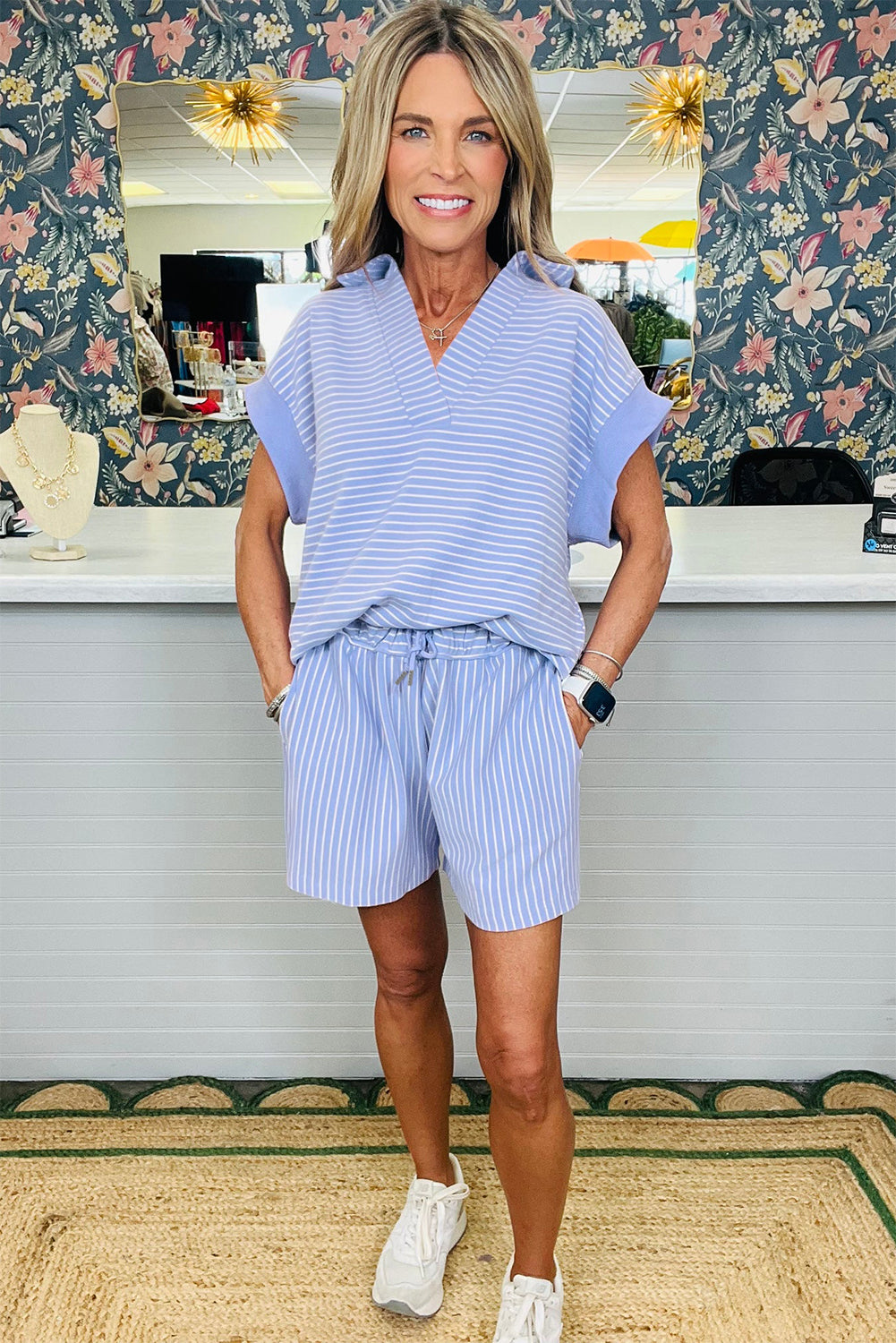 Sky blue stripe dolman sleeve polo shirt and drawstring shorts set by Lavender Lane Clothing, casual two-piece summer outfit.
