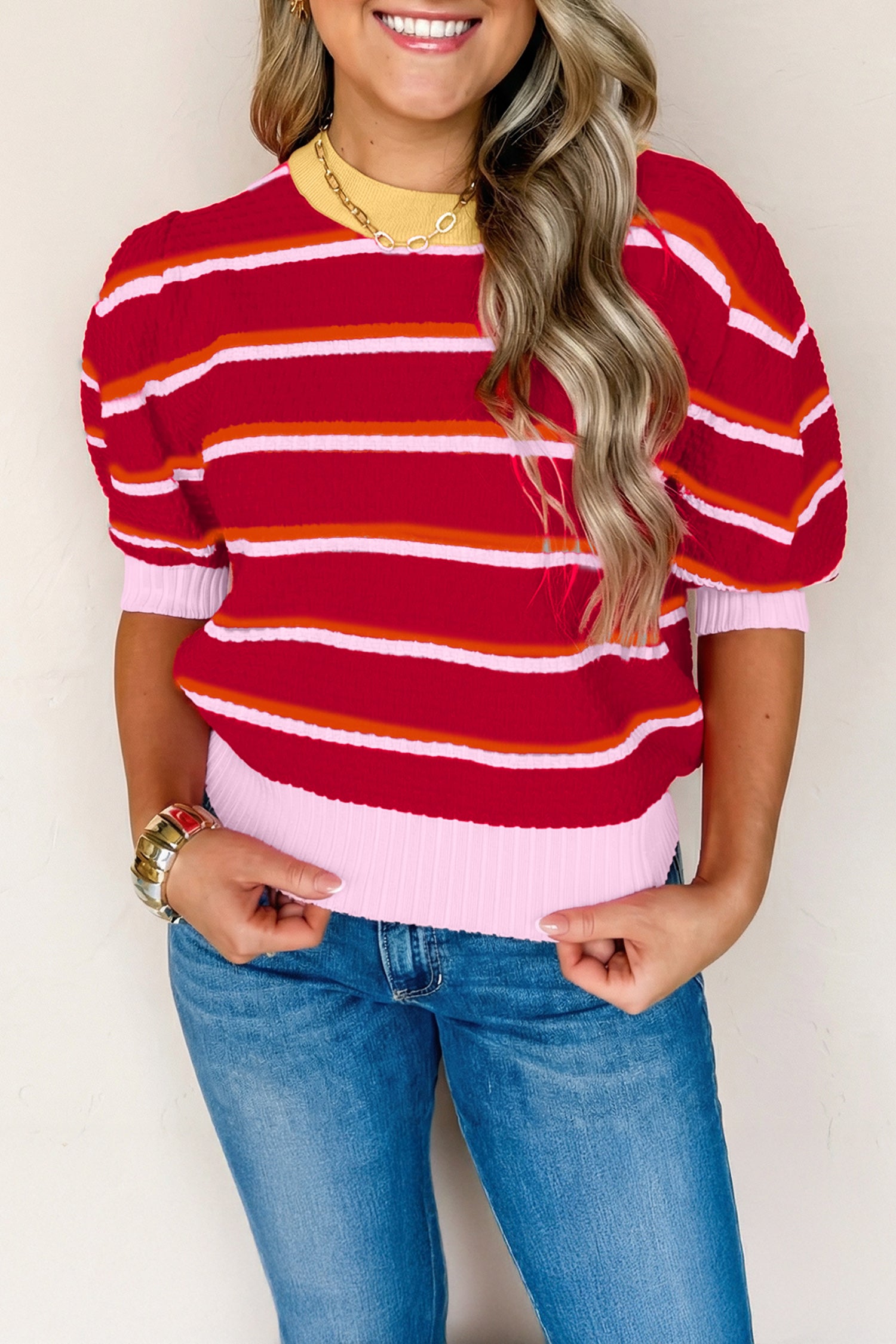 Lavendar Lane Clothing red and white colorblock half sleeve sweater top with trim detail, short sleeve design, casual style.