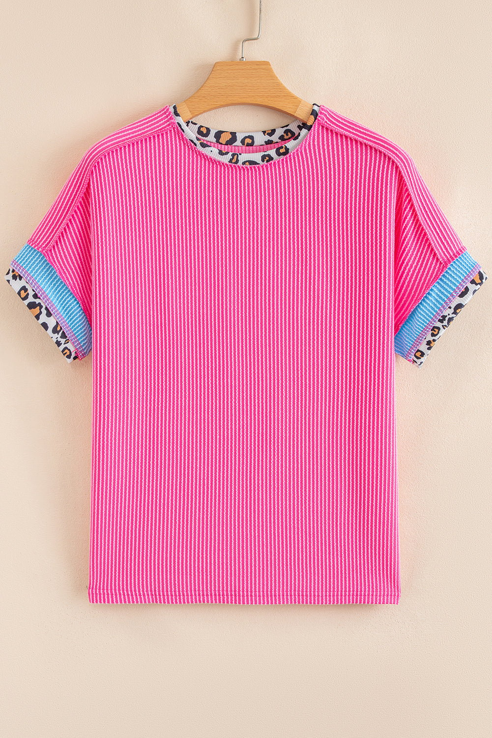 Bonbon Leopard Patchwork Corded Knit Crew Neck Top