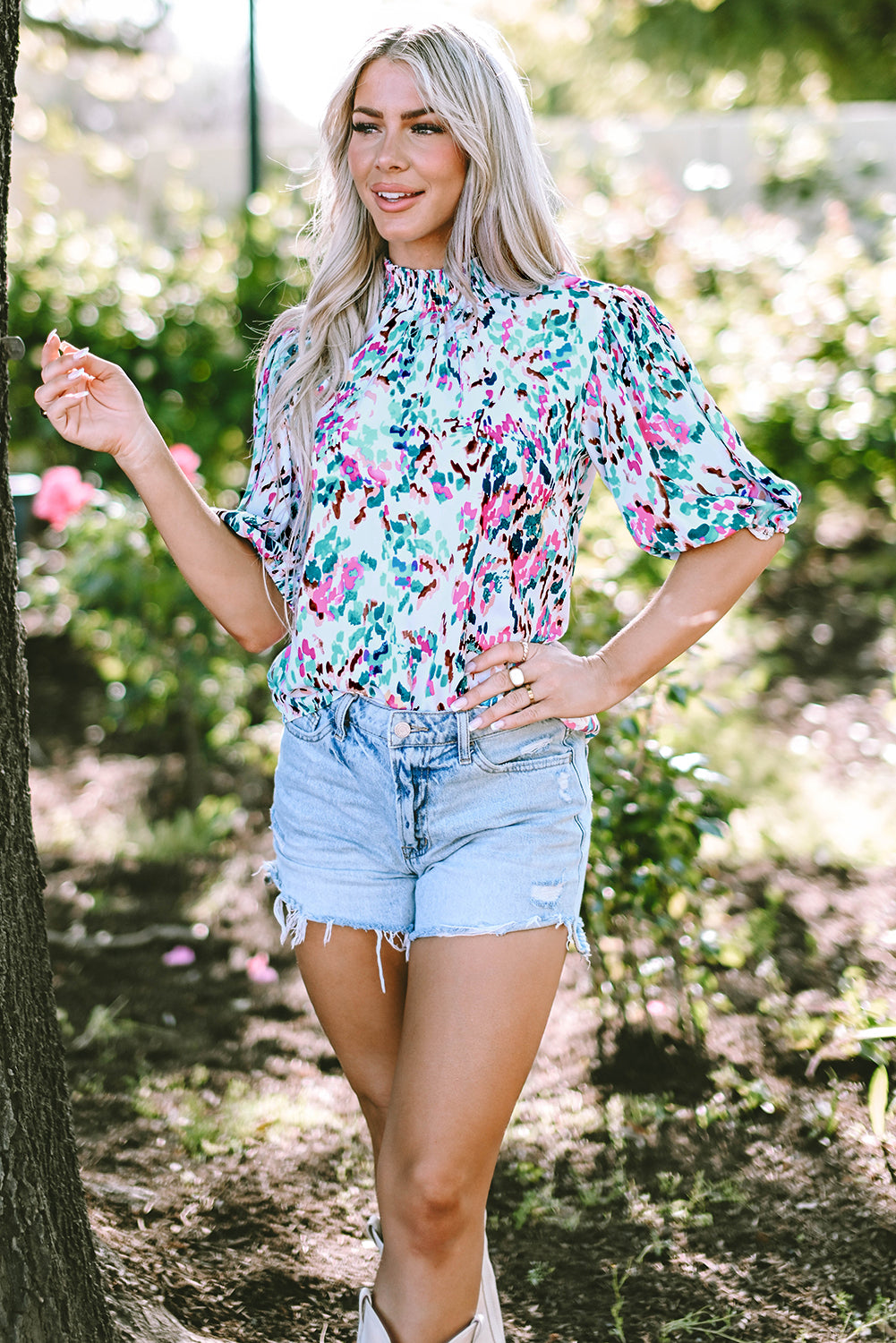 Light Blue Abstract Print Puff Sleeve Mock Neck Blouse