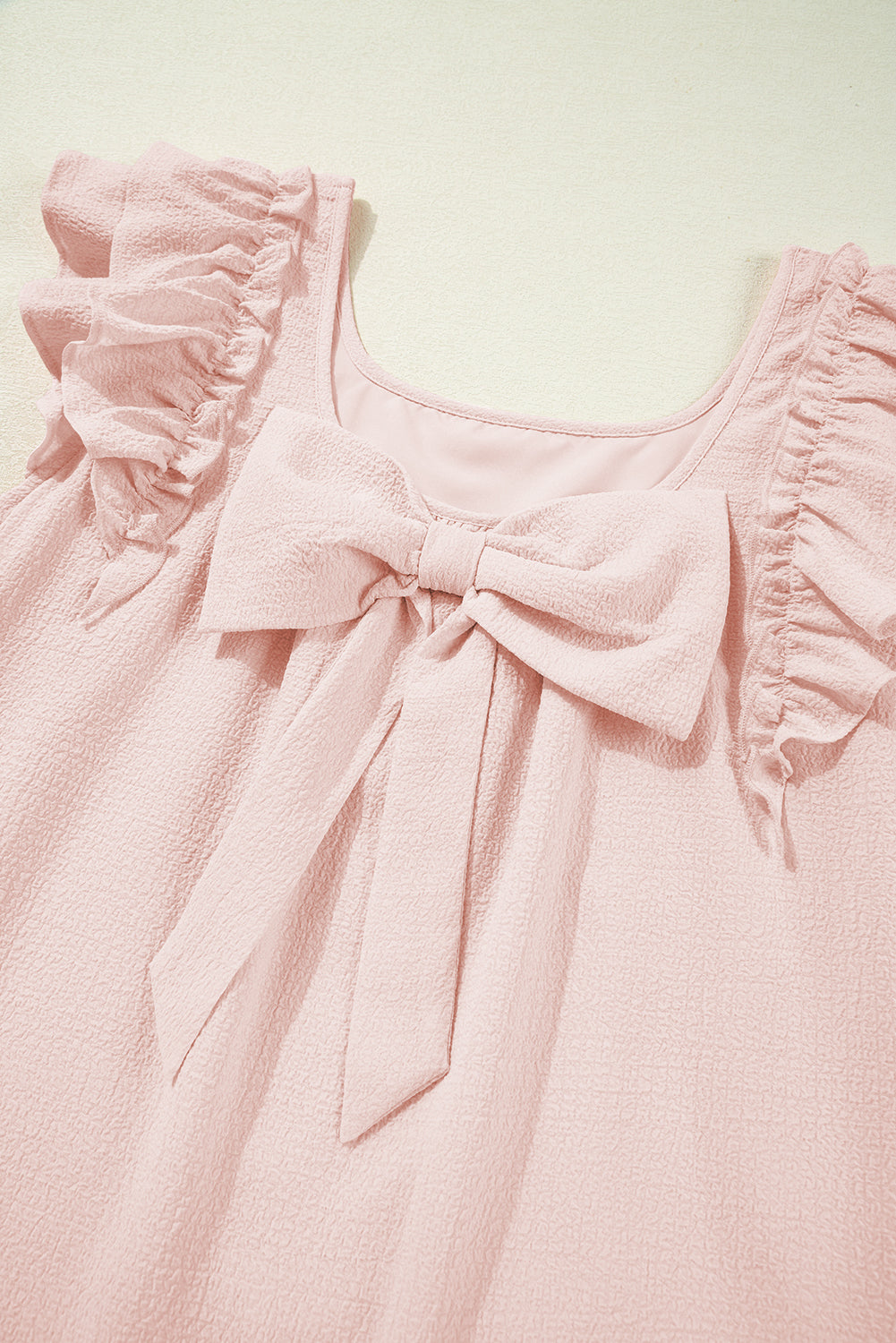 Light Pink Textured Flutter Sleeve Square Neck Bow Back Dress