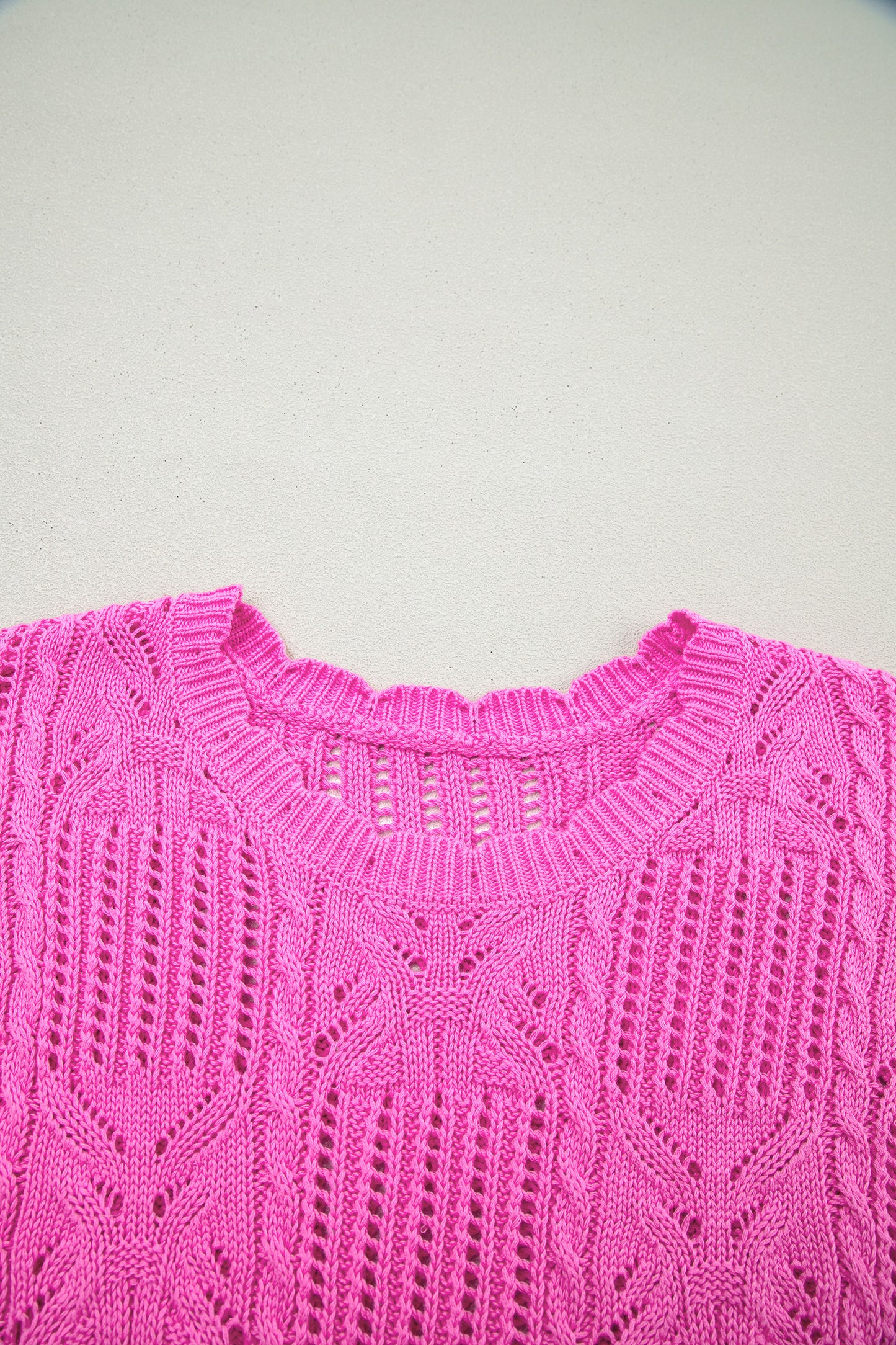 Lavendar Lane Clothing short sleeve sweater with pointelle knit pattern, scalloped trim, and a stylish, lightweight design.