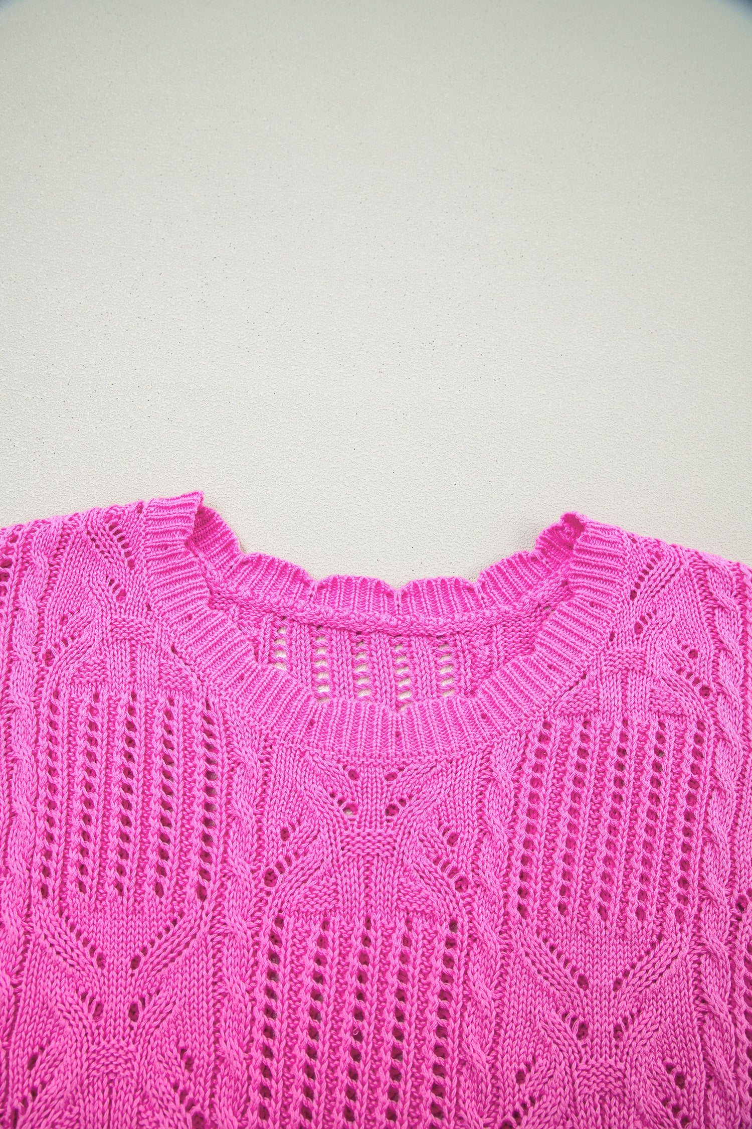 Lavendar Lane Clothing short sleeve sweater with pointelle knit pattern, scalloped trim, and a stylish, lightweight design.