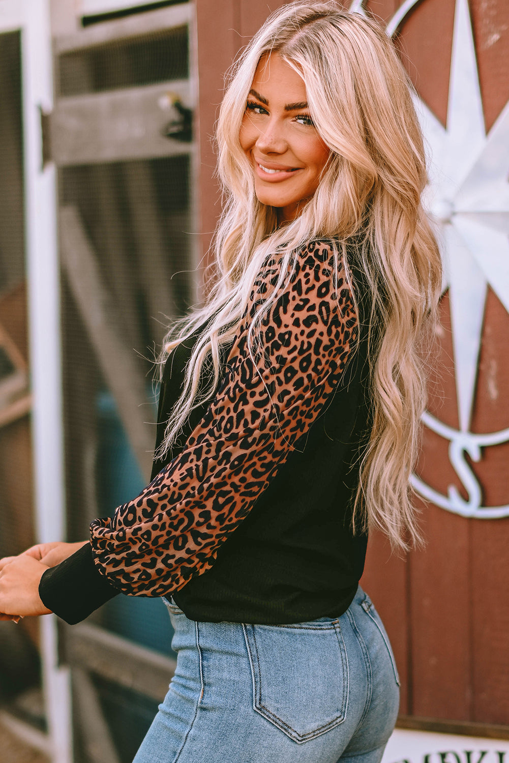 Black Leopard Print Long Sleeve Ribbed Knit Blouse