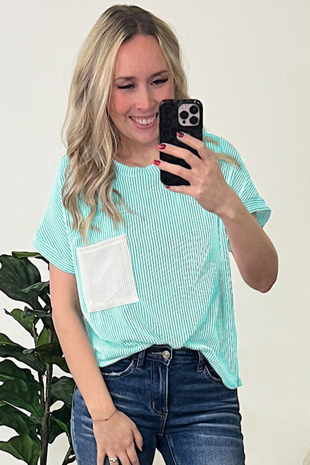 Light Blue Corded Knit Color Block Pocketed Crew Neck Top