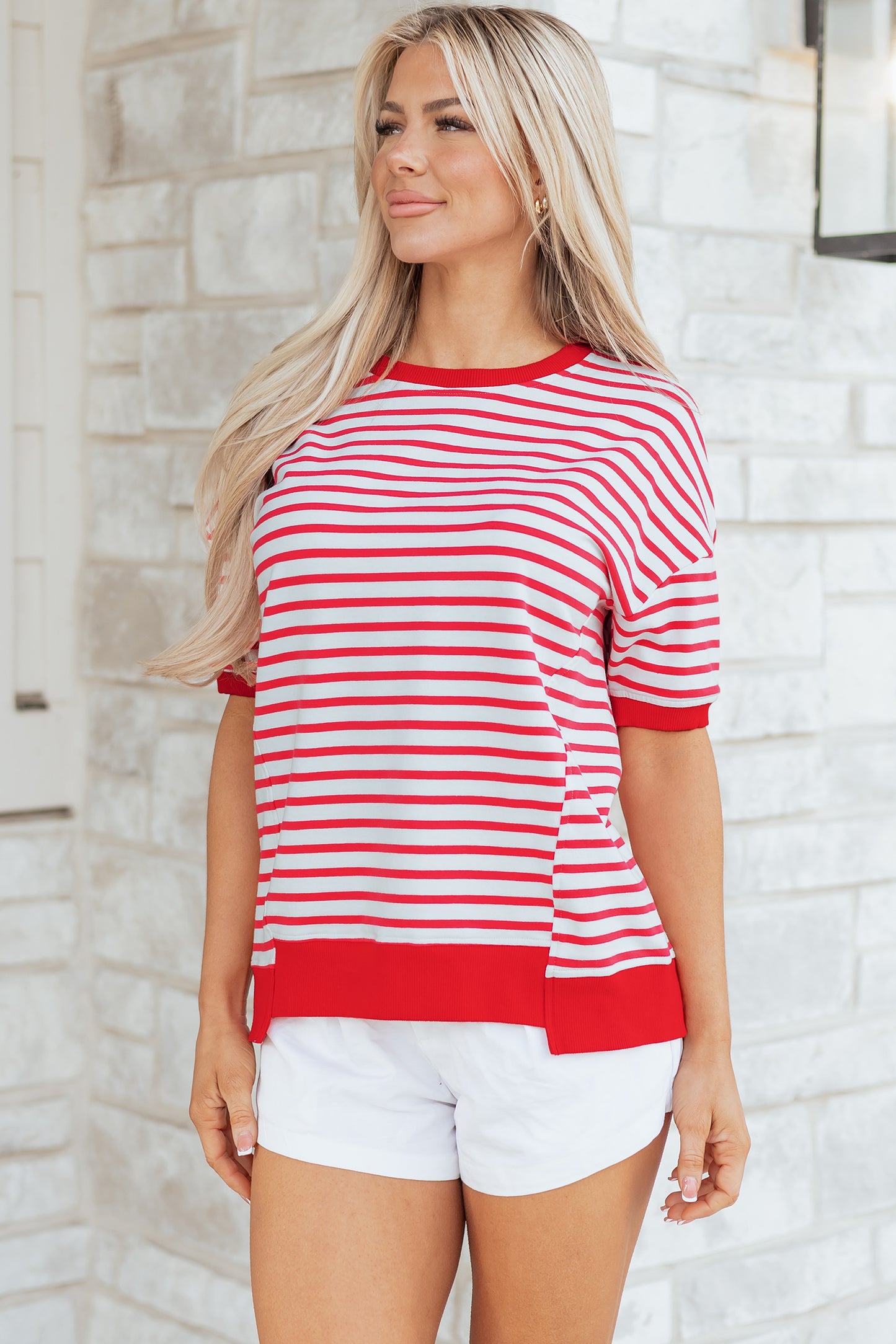 Red Stripe Drop Shoulder Half Sleeve Top