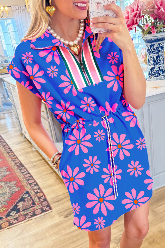 Purple Floral Striped Quarter Zip Cap Sleeve Drawstring Waist Dress