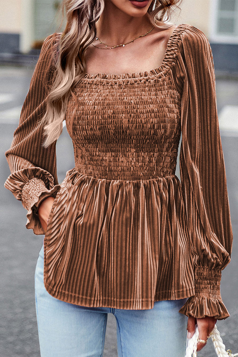 Chestnut Smocked Ribbed Velvet Babydoll Top