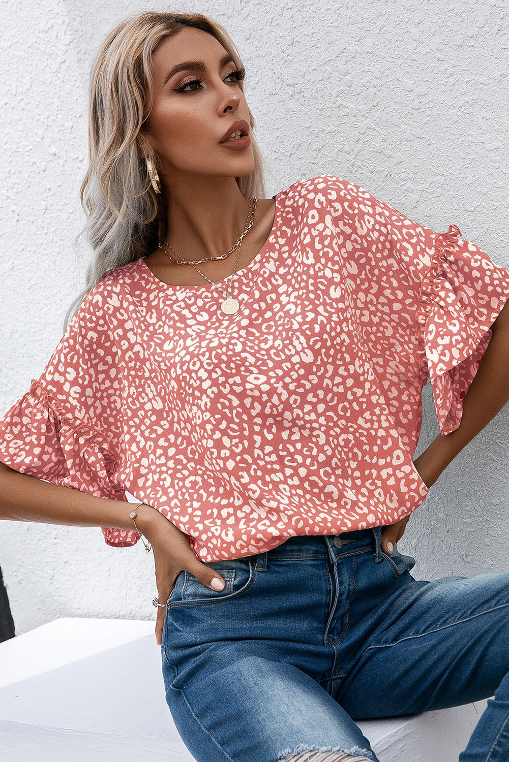 Pink Leopard Spotted Ruffle Sleeve Blouse