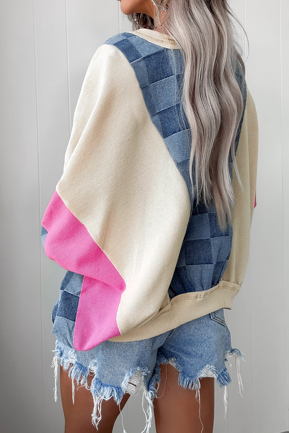 Sky Blue Oversized Checkered Denim Exposed Seam Patchwork Casual Top