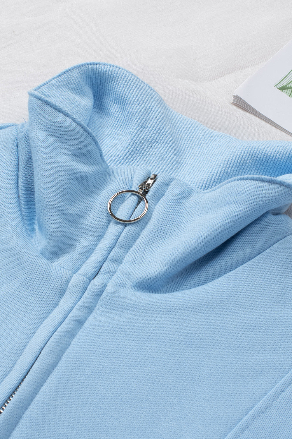 Sky Blue Solid Color Zip Collar Sweatshirt with Pockets