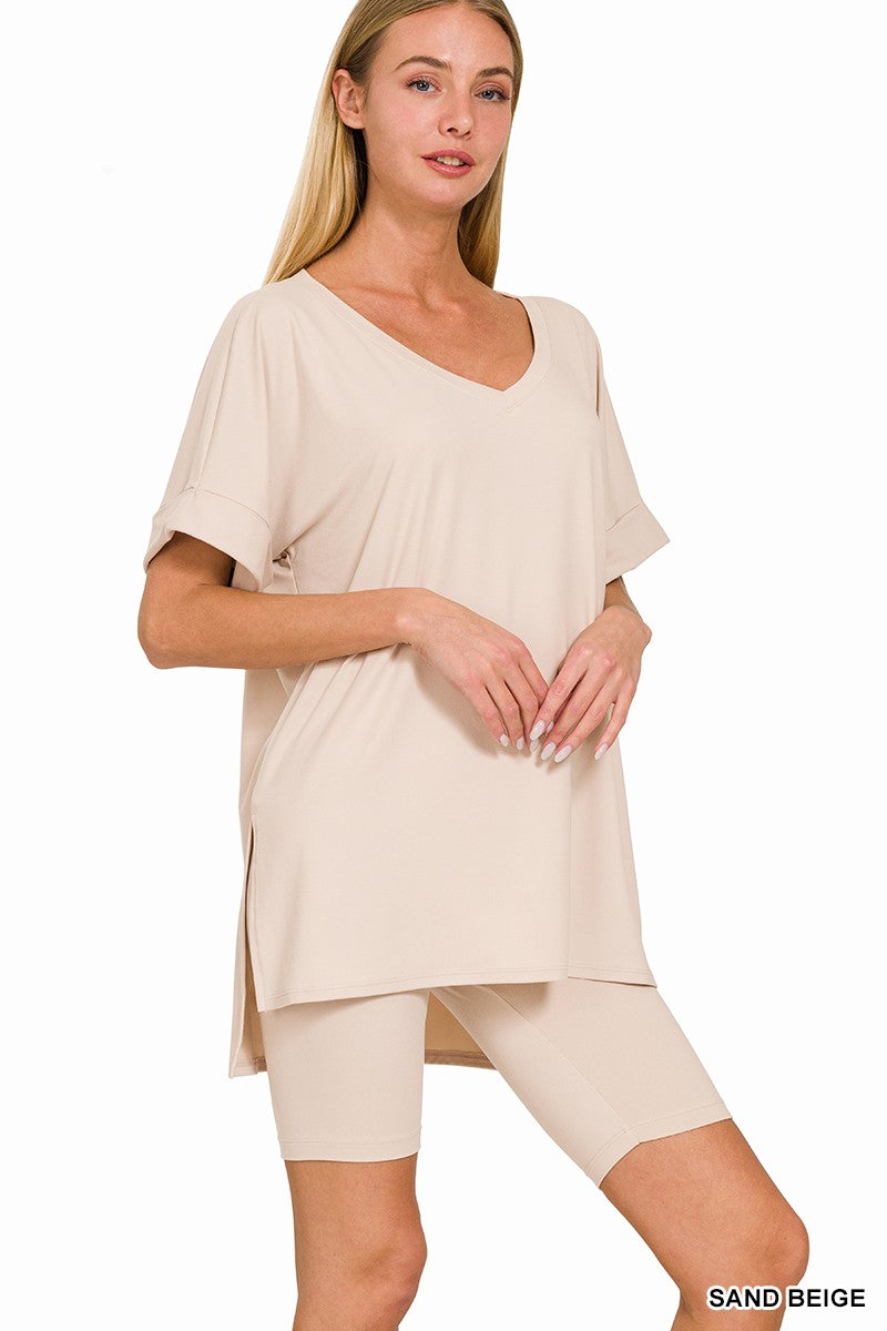 Zenana Brushed Microfiber V-neck Top & Biker Shorts-Variety Of Colors