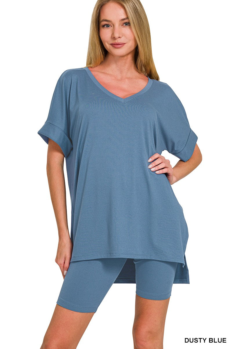 Zenana Brushed Microfiber V-neck Top & Biker Shorts-Variety Of Colors