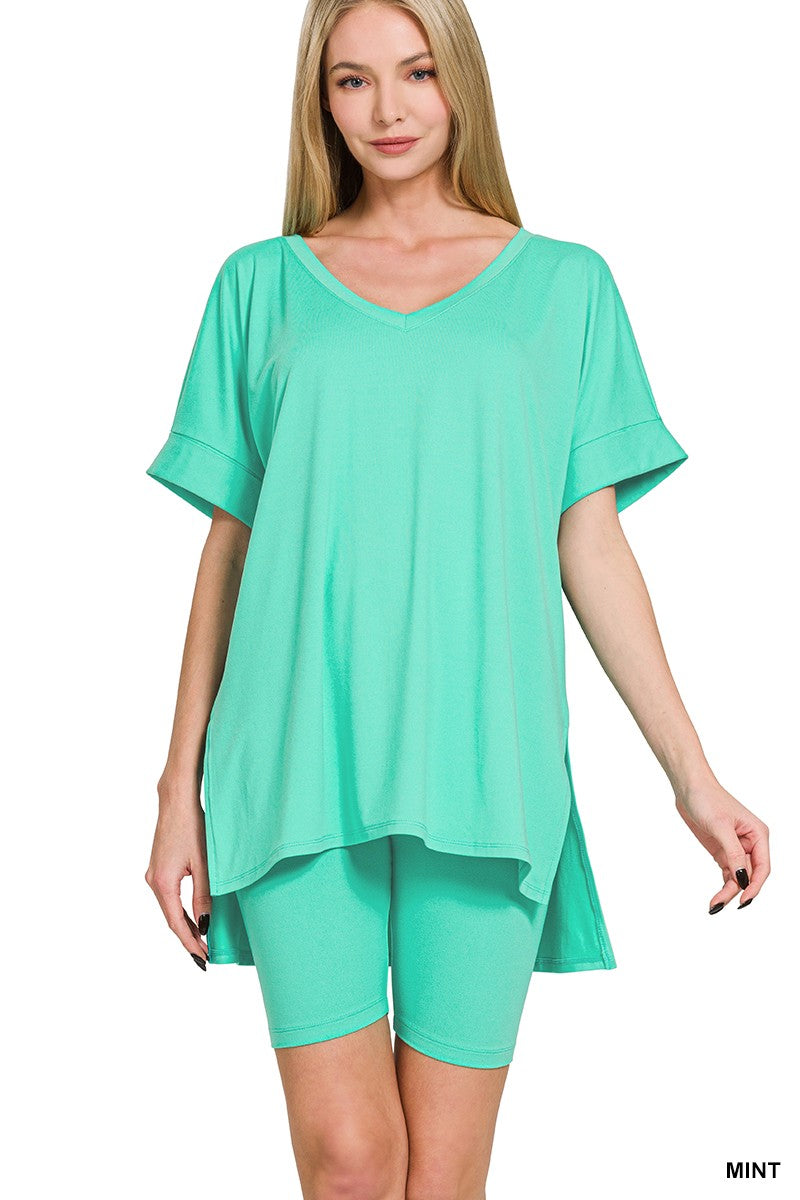 Zenana Brushed Microfiber V-neck Top & Biker Shorts-Variety Of Colors