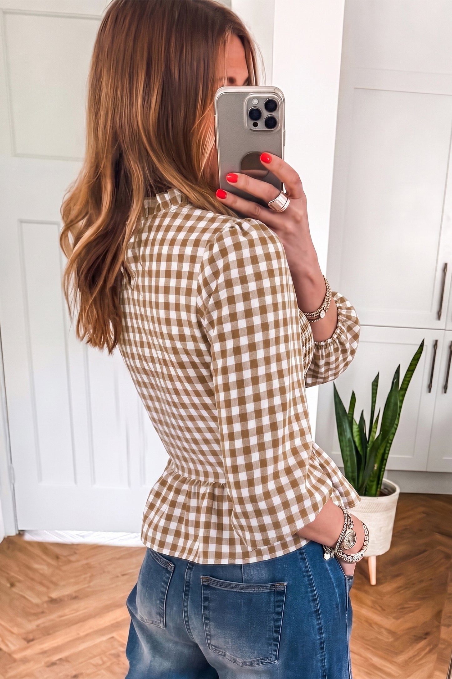 Red 3/4 Sleeve Shirred Plaid Peplum Top