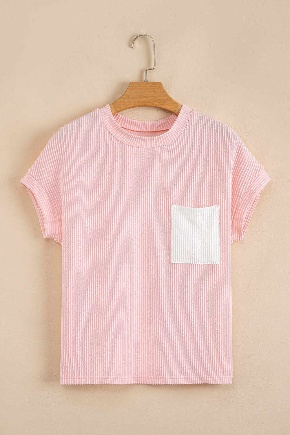 Pink Corded Knit Color Block Pocketed Crew Neck Top