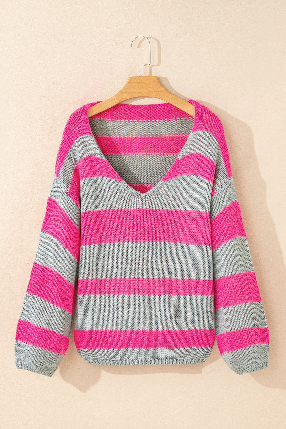 Rose Striped Colorblock Knit V Neck Loose Fit Sweater