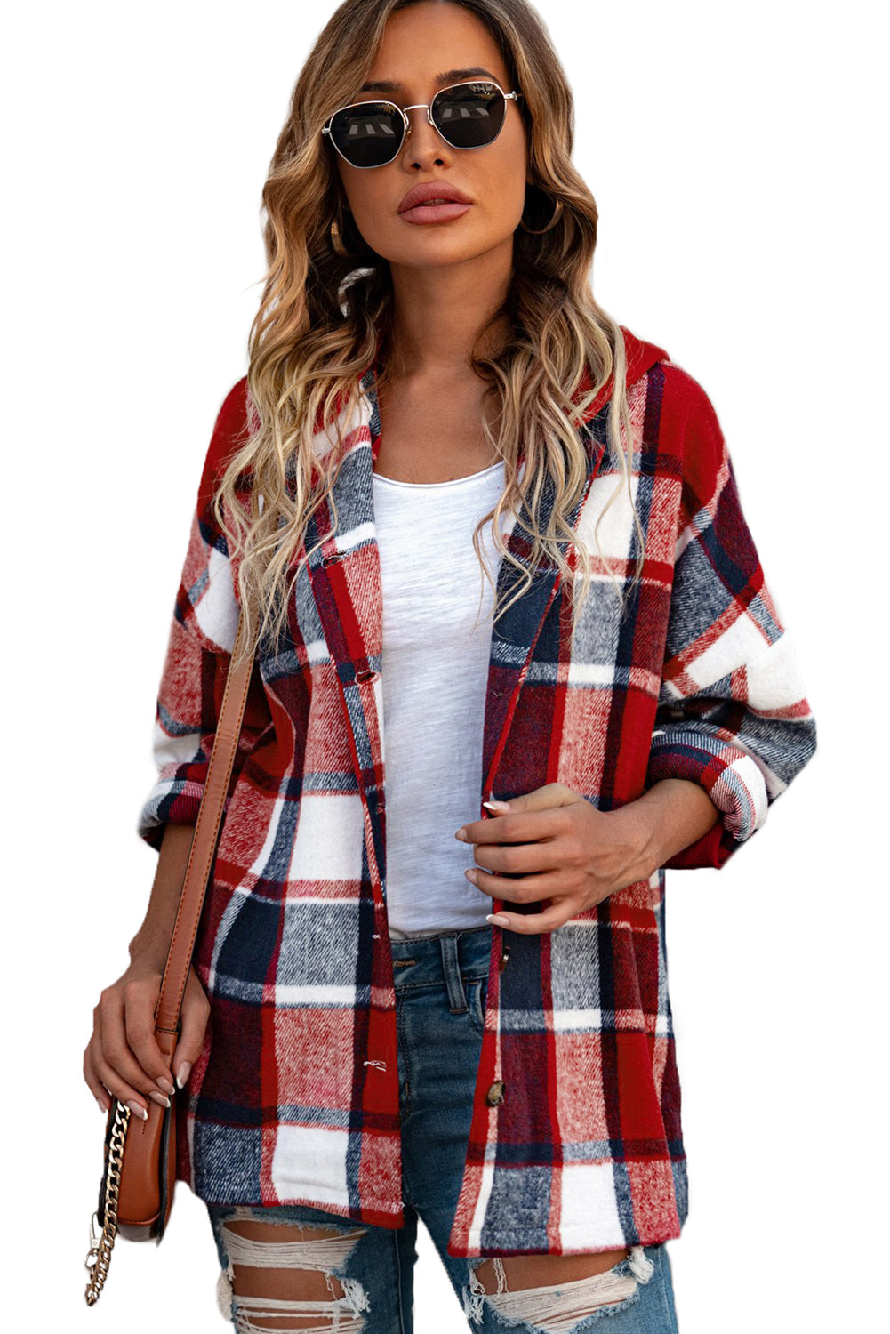 Fiery Red Hooded Plaid Button Front Shacket