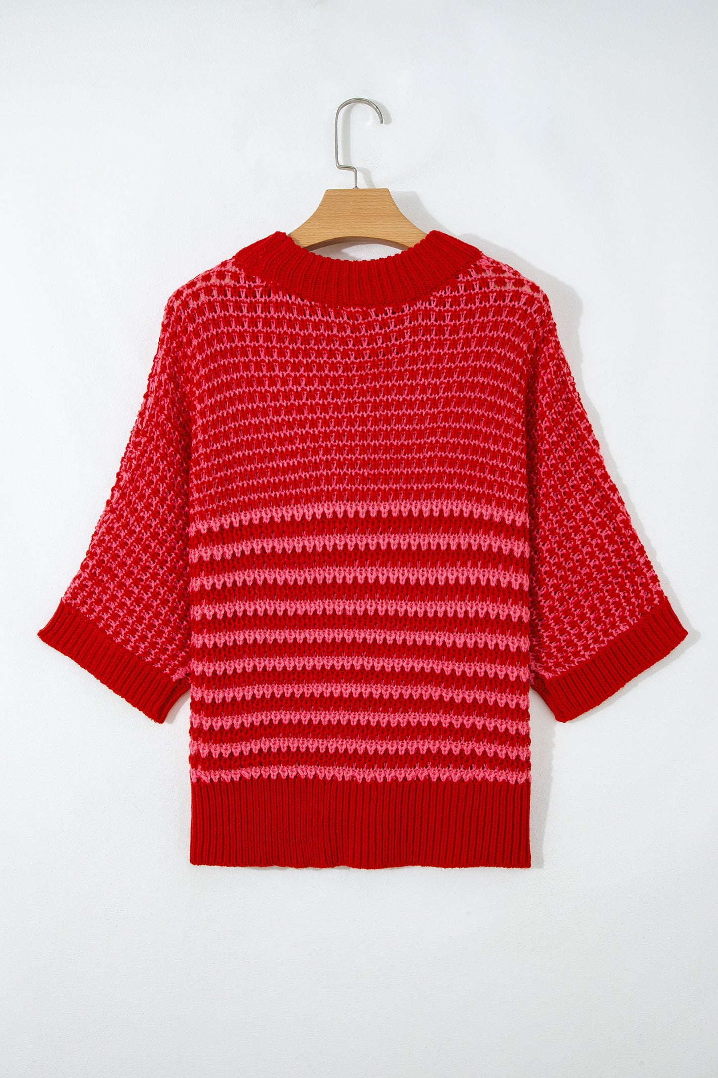 Lavendar Lane Clothing red stripe 3/4 draped sleeve slouchy sweater with relaxed fit, short sleeves, and casual style.