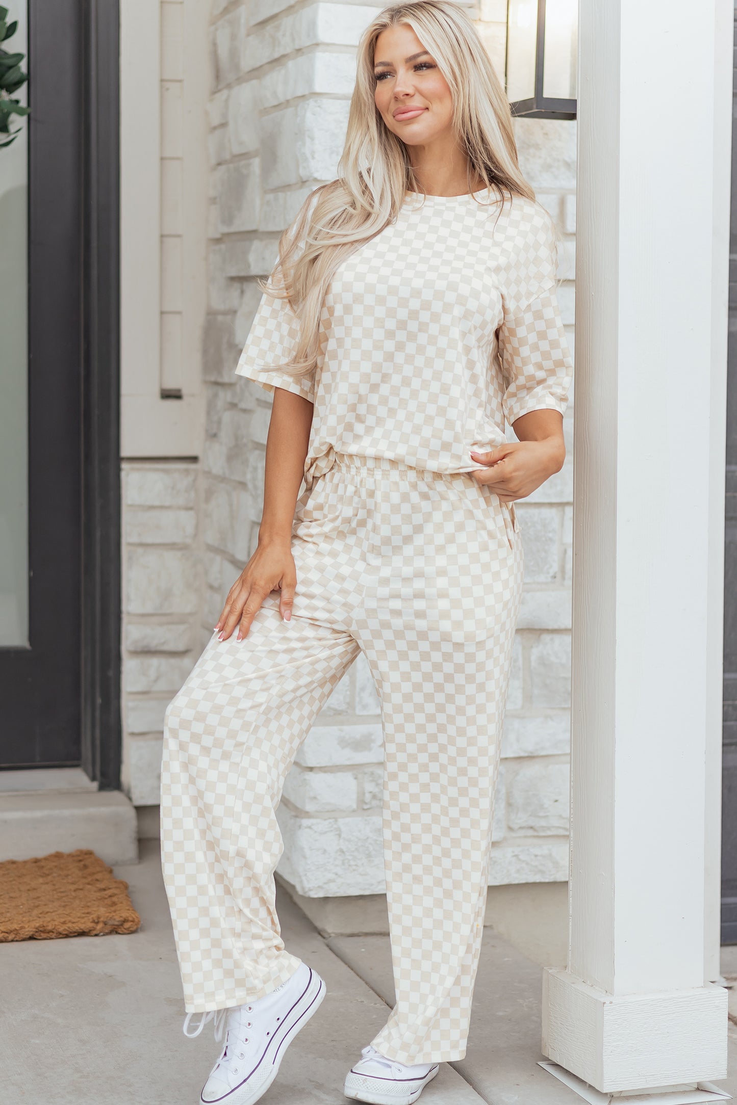Lavendar Lane Clothing khaki checkered print half-sleeve tee and lounge pants set, comfortable loungewear for relaxing or sleep.