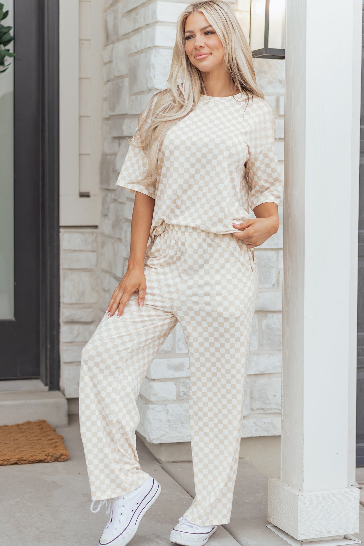 Lavendar Lane Clothing khaki checkered print half-sleeve tee and lounge pants set, comfortable loungewear for relaxing or sleep.