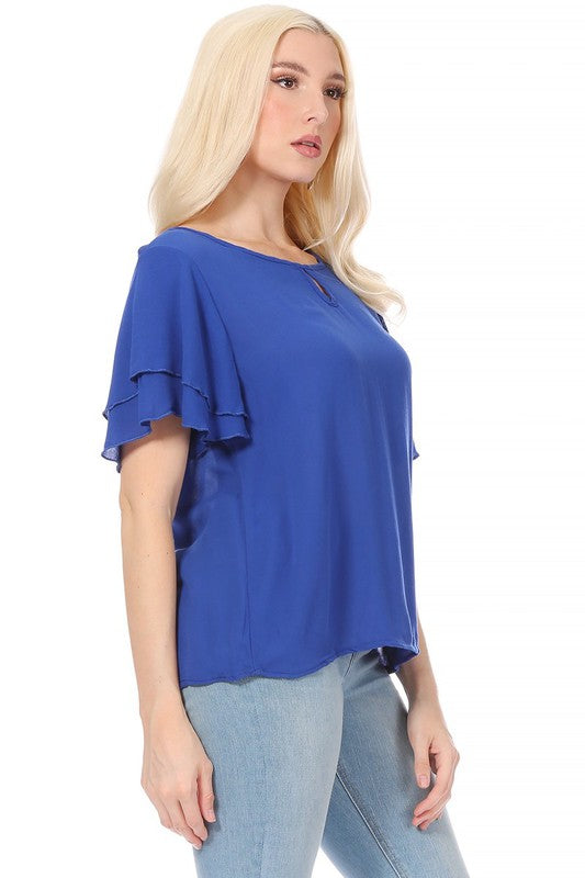 Short flutter sleeve round neck keyhole blouse.